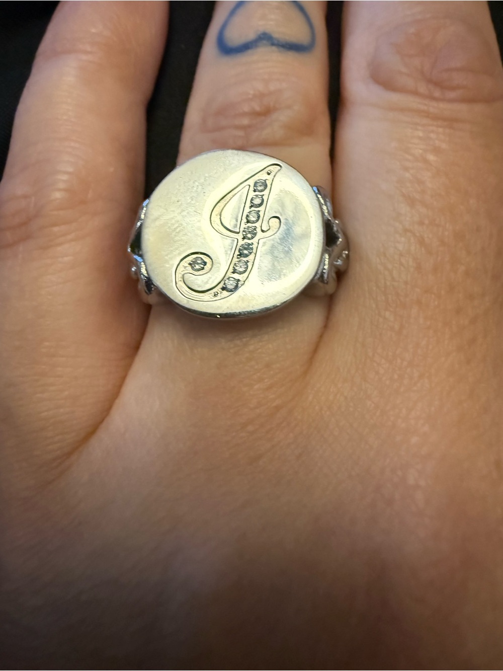 Silver tone Initial 'J' Signet Ring with Crystal Accents - Silver